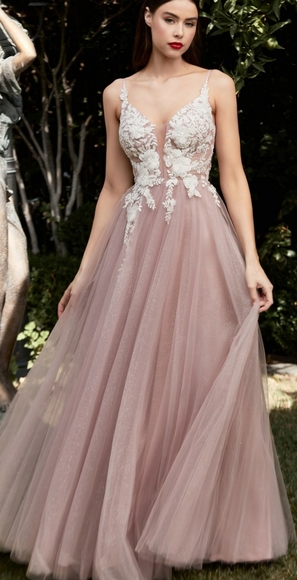 Floor length beaded floral a line tulle gown in mauve pink or blue - Picture 3 of 9